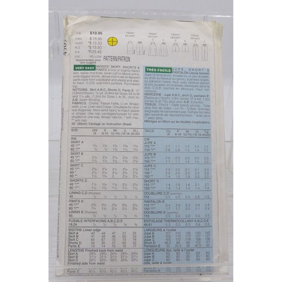 Butterick Fast & Easy #4509 Skirt Shorts Pants ©1996 Uncut Sizes XS-S-M - Picture 2 of 3